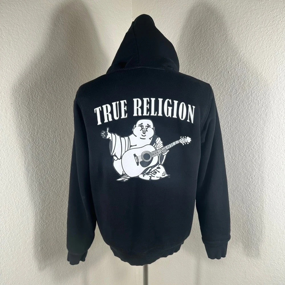 True Religion Buddha Sherpa Zip Hoodie Men M Black Streetwear Y2K Graphic Fleece